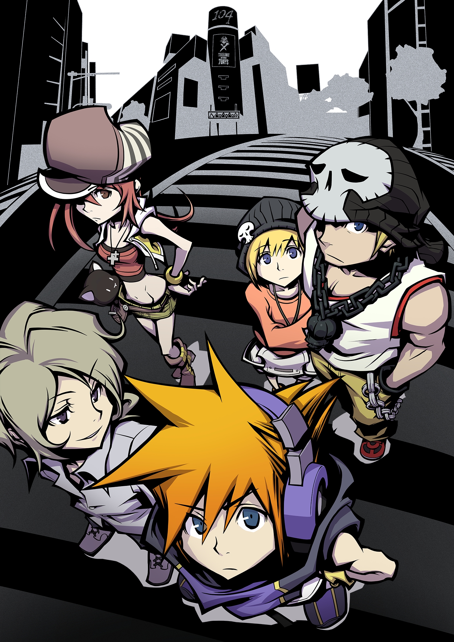2girls 3boys beanie bito_daisukenojo bito_raimu blonde_hair blue_eyes boots brother_and_sister building cabbie_hat chain city collared_shirt crosswalk eyebrows frown hair_over_one_eye hand_in_pocket hand_on_own_hip hat hat_over_one_eye headphones high_collar highres hip_bones holding holding_stuffed_toy jacket kiryu_yoshiya kobayashi_gen looking_at_viewer midriff miniskirt misaki_shiki multiple_boys multiple_girls navel nomura_tetsuya nyantan official_art orange_hair red_hair red_shirt sakuraba_neku shibuya_(tokyo) shirt siblings skirt skull_print skyscraper smile smirk spiked_hair stuffed_toy subarashiki_kono_sekai tokyo_(city) tree wristband yellow_jacket