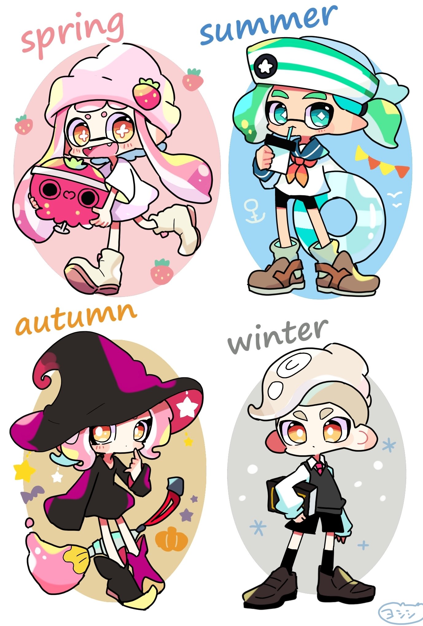 2boys 2girls aqua_eyes beanie bike_shorts black_socks book bright_pupils broom broom_riding brown_footwear closed_mouth commentary diamond-shaped_pupils diamond_(shape) drink drinking drinking_straw english_text fangs flower-shaped_pupils food fruit full_body green_hair hat highres holding holding_book inkbrush_(splatoon) inkling inkling_boy inkling_girl inkling_player_character lifebuoy long_hair long_sleeves medium_hair mohawk multiple_boys multiple_girls nintendo octoling octoling_boy octoling_girl octoling_player_character open_mouth orange_eyes pink_headwear pointy_ears print_headwear sailor_collar sailor_hat sailor_shirt seasons shirt shoes short_hair sleeves_past_fingers sleeves_past_wrists smile socks sparkle splatoon_(series) splatoon_3 standing star_(symbol) strawberry super_chump_(splatoon) swim_ring symbol-only_commentary symbol-shaped_pupils tentacle_hair thick_eyebrows translation_request walking white_hair white_pupils witch_hat yoshishi_(yosisitoho)