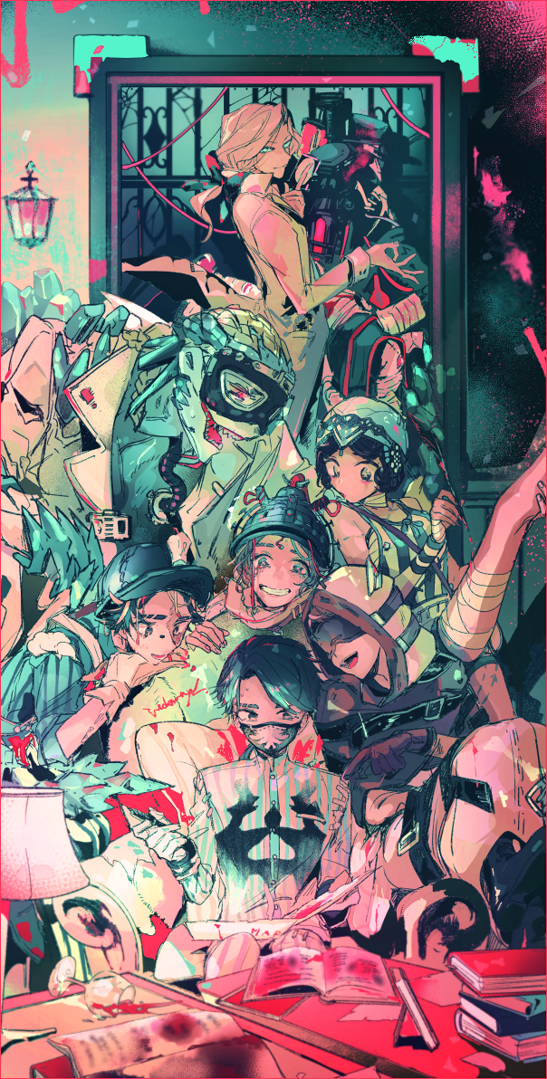 1girl aesop_carl aesop_carl_(rorschach_physician) ayano_(katou) bandaged_leg bandages blindfold book character_request cup drinking_glass eli_clark eli_clark_(binder) gloves grin hat hood identity_v lamp low_ponytail luchino_(identity_v) margaretha_zelle margaretha_zelle_(music_score) mask mouth_mask multiple_boys naib_subedar naib_subedar_(hound) norton_campbell norton_campbell_(jarhead) ponytail smile tracy_reznik tracy_reznik_(cunning_smile_disease) wine_glass