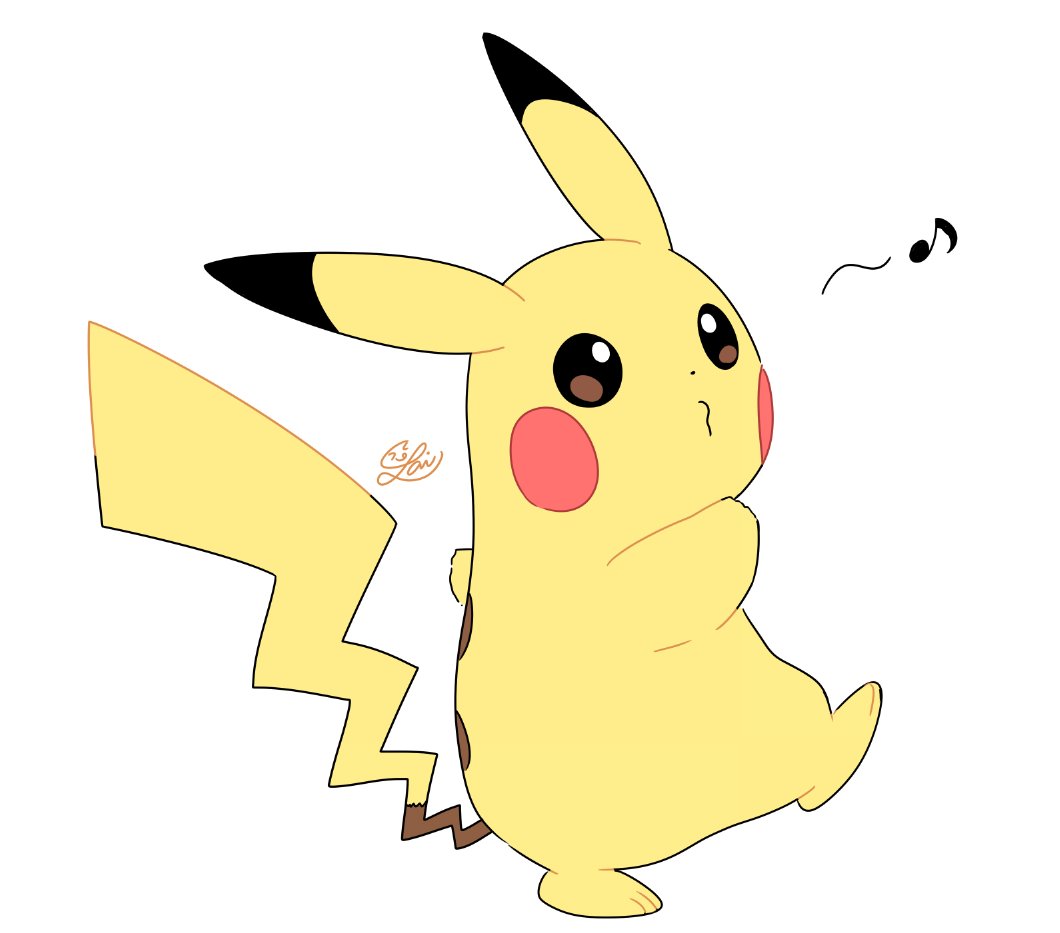 animal_ears colored_skin dot_nose gen_1_pokemon lai_(pixiv1814979) musical_note nintendo no_humans pikachu pokemon pokemon_(creature) signature solo tail whistling white_background white_eyes yellow_skin