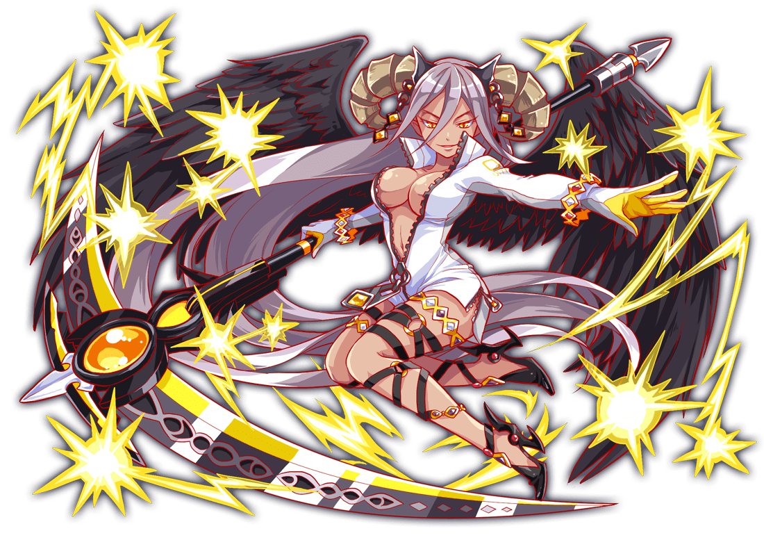 absurdly_long_hair angel_wings anime_coloring arm_behind_head artist_request baphomet_(crash_fever) black_footwear black_straps black_wings bracelet breasts brown_horns center_opening cleavage closed_mouth collar collarbone collared_jacket crash_fever cross-laced_clothes cross-laced_legwear curled_horns dark-skinned_female dark_skin full_body game_cg gold_bracelet grey_hair grin hair_between_eyes high_collar holding holding_scythe horns jacket jewelry large_breasts legs_apart long_hair looking_at_viewer navel number_print numbered o-ring o-ring_legwear o-ring_thigh_strap official_art open_hand outline partially_unzipped pointy_ears print_sleeve_cuffs red_outline scythe sleeves_past_fingers sleeves_past_wrists smile solo square square_print straight_hair strappy_heels tachi-e thigh_strap third-party_source tight_clothes transparent_background turtleneck turtleneck_jacket very_long_hair very_long_sleeves white_collar white_jacket white_sleeves wings yellow_eyes yellow_outline zipper zipper_pull_tab