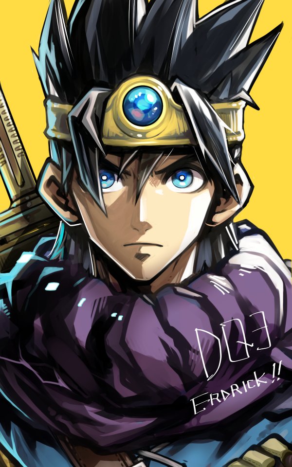 1boy belt black_hair blue_eyes blue_gemstone blue_tunic bright_pupils brown_belt cape character_name circlet commentary_request copyright_name dragon_quest dragon_quest_iii gem gold_circlet hero_(dq3) looking_at_viewer male_focus purple_cape roto_(dq3) sanpo_kbg serious short_hair solo spiked_hair sword sword_on_back tunic weapon weapon_on_back white_pupils yellow_background