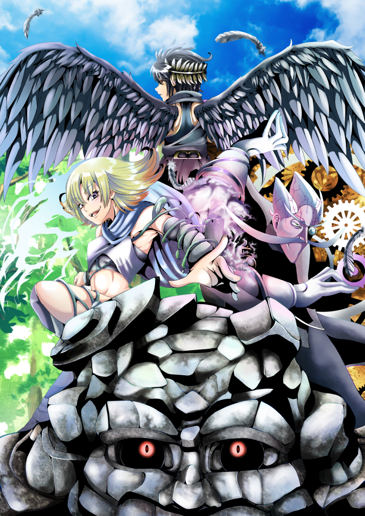 1girl 1other 2boys ahoge angel angel_wings arlon_(kid_icarus) arlon_(kid_icarus) black_hair black_sclera blonde_hair blue_scarf blue_sky colored_sclera colored_skin commentary_request cragalanche dark_pit facial_hair feathers kawari_mi_(4292149) kid_icarus kid_icarus_uprising laurel_crown looking_at_viewer midriff monocle multiple_boys mustache nintendo phosphora plant purple_skin red_eyes scarf sky smile vines wings