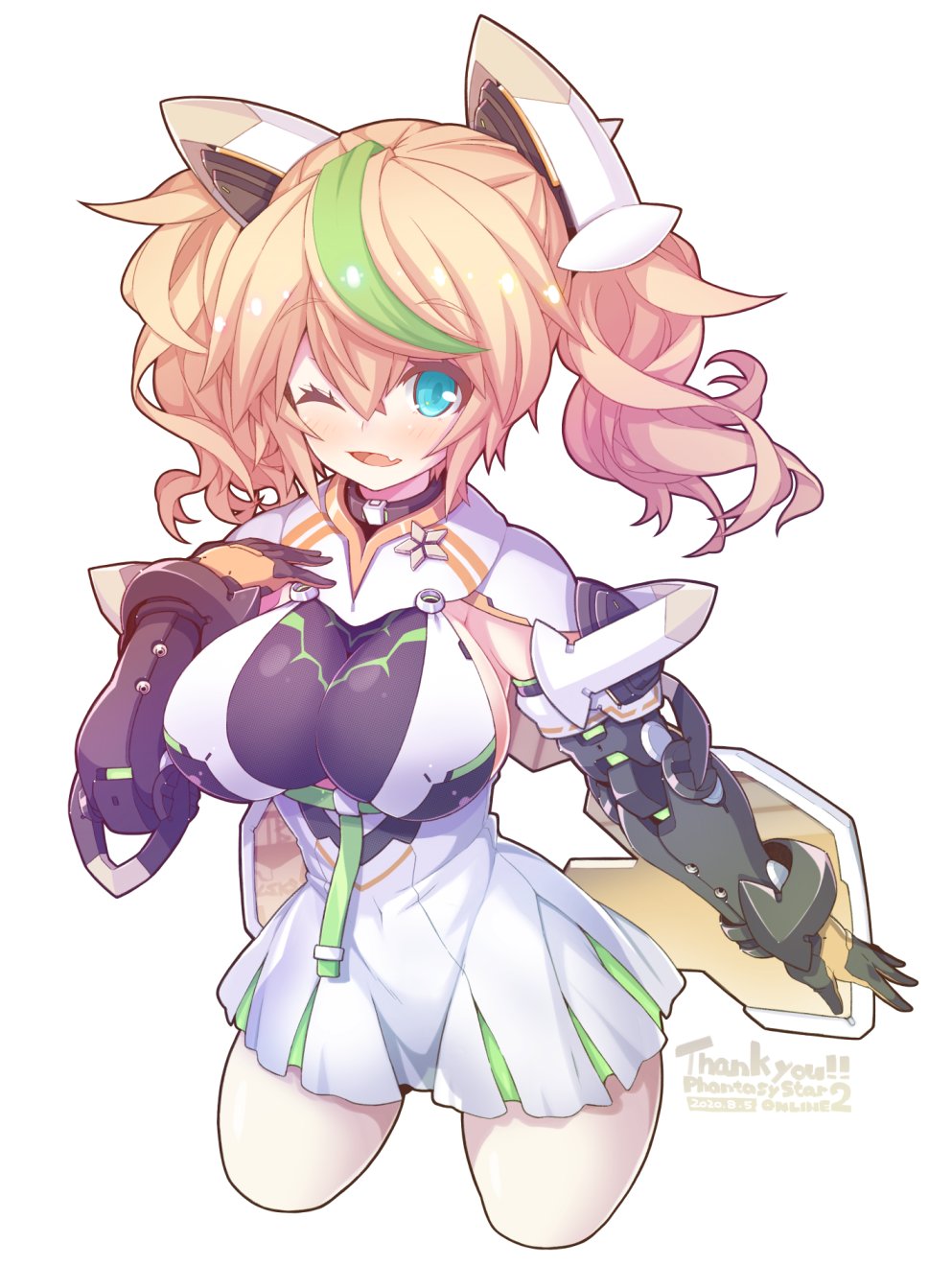 1girl animal_ears blonde_hair blue_eyes bodysuit breasts copyright_name covered_navel fake_animal_ears fang gene_(pso2) hand_on_own_chest highres large_breasts looking_up mechanical_arms mechanical_ears one_eye_closed open_hand open_mouth phantasy_star phantasy_star_online_2 rikumaru solo thick_thighs thighs white_background