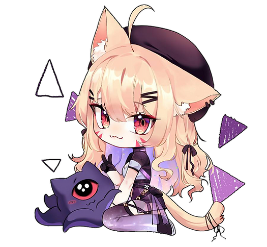 :3 ahoge alheitrakzoth animal_ear_fluff animal_ears brown_hair cat_ears cat_girl cat_tail chibi facial_mark gloves hair_ornament hairclip hat indie_virtual_youtuber long_hair looking_at_viewer red_eyes ribbon shyrei_faolan sitting smile tail tail_ornament tail_ribbon transparent_background v virtual_youtuber