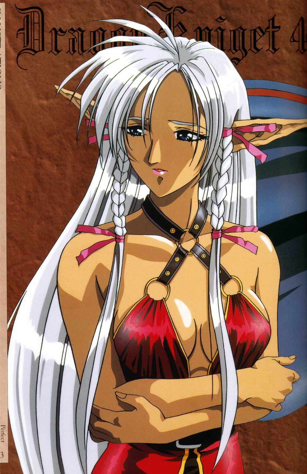 1990s_(style) 1girl bare_shoulders belt blue_eyes braid breasts center_opening cleavage crossed_arms dark-skinned_female dark_elf dark_skin dragon_knight_(elf) dragon_knight_4 elf female_focus hair_ribbon highres lipstick long_hair makeup marlene no_bra non-web_source pointy_ears retro_artstyle ribbon scan shimazaki_katsumi side_braid silver_hair smile solo twin_braids very_long_hair