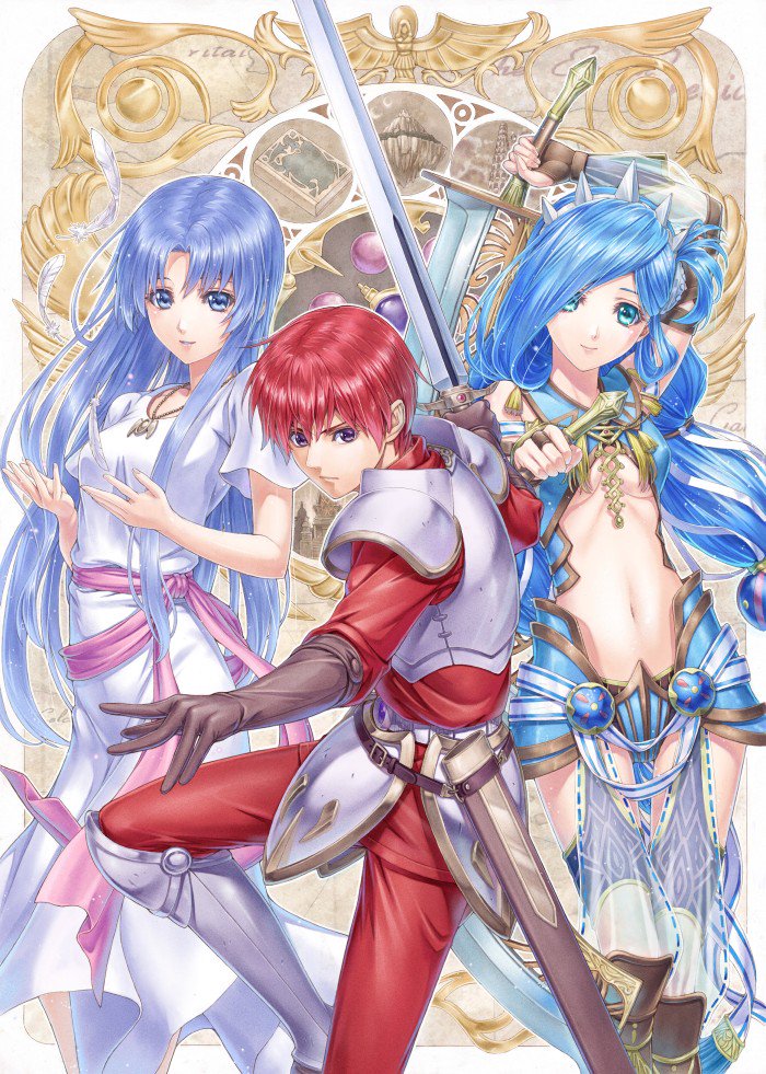 1boy 2girls adol_christin ancient_ys_vanished arm_up armor blue_eyes blue_hair breasts closed_mouth cover cover_page crotch_plate cuirass curtained_hair dana_iclucia dual_wielding elbow_gloves faulds feena_(ys) fingerless_gloves gloves hair_rings hairband hands_up holding holding_sword holding_weapon jewelry long_hair low_twintails multiple_girls navel necklace official_art outstretched_arm pants pauldrons purple_eyes purple_hair purple_ribbon red_hair red_pants red_shirt revealing_clothes reverse_grip ribbon second-party_source see-through_clothes sheath shin_guards shirt short_hair shoulder_armor small_breasts smile spiked_hairband spikes standing standing_on_one_leg stomach sword tassel taue_shunsuke tunic twintails v-shaped_eyebrows weapon ys ys_viii_lacrimosa_of_dana