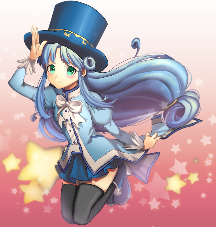 artist_request black_thighhighs blue_hair blue_skirt bow bowtie check_artist curly_hair frilled_sleeves frills fushigiboshi_no_futago_hime green_eyes hat long_hair magical_girl pixiv rein_(futagohime) salute shoes skirt smile thighhighs top_hat white_bow white_bowtie