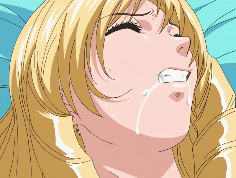 00s 2001 animated animated_gif anime_screenshot bed bed_sheet bible_black bible_black_night_of_the_walpulgiss blonde_hair closed_eyes drill_hair drill_sidelocks drooling implied_sex lying saliva sex shaking_head shiraki_rika sidelocks sweat tagme