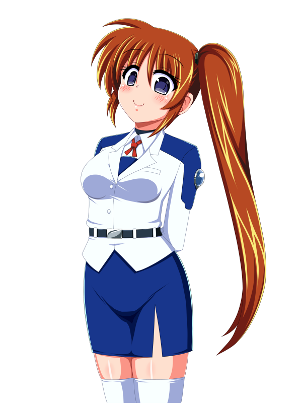 1girl arms_behind_back belt belt_buckle black_belt blue_shirt brown_hair buckle cowboy_shot long_hair lyrical_nanoha mahou_shoujo_lyrical_nanoha_strikers military_uniform pencil_skirt purple_eyes shirt side_ponytail sidelocks simple_background skirt smile solo takamachi_nanoha thighhighs tsab_air_military_uniform white_background white_shirt white_thighhighs yaeba