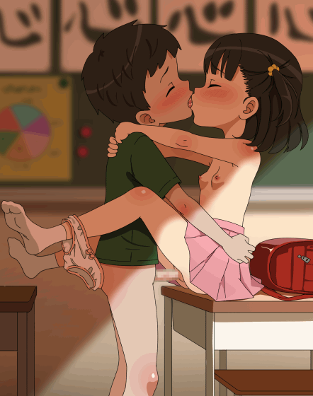 1boy 1girl animated animated_gif backpack bag black_hair blurry blurry_background blush bottomless bouncing_breasts bow bow_panties breasts censored classroom closed_eyes commentary_request desk erection french_kiss furrowed_brow green_shirt hair_ornament hair_scrunchie hand_on_another&#039;s_ass hand_on_another&#039;s_shoulder hetero indoors kiss kodomo_doushi koshiansan loli medium_hair mosaic_censoring nipples no_shoes on_desk one_side_up orange_scrunchie original paid_reward_available panties panties_around_leg penis pink_bow pink_skirt pleated_skirt pussy randoseru red_bag school_desk scrunchie sex shirt short_hair short_sleeves shota sitting skirt small_breasts socks topless_female underwear unworn_backpack unworn_bag vaginal white_panties white_socks