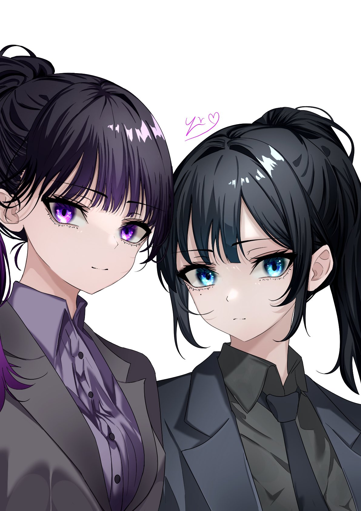 2girls ado_(utaite) black_hair black_jacket black_necktie black_shirt blue_eyes chando_(ado) cloud_nine_inc collared_shirt commentary company_connection dress_shirt highres jacket looking_at_viewer mole mole_under_eye multiple_girls necktie ponytail purple_eyes purple_shirt shirt sidelocks simple_background upper_body utaite white_background yoshino_(utaite) yuuxmm_v