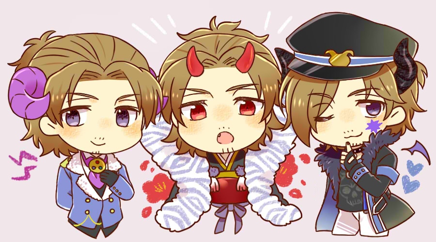 3boys :3 :o black_gloves black_horns black_jacket black_nails black_shirt brown_hair chibi chibi_only cropped_legs cropped_torso demon_horns facial_hair fang fingerless_gloves fur-trimmed_jacket fur_trim gloves goatee_stubble half_updo horns idolmaster idolmaster_side-m jacket japanese_clothes kinococcos male_focus medium_hair multiple_boys multiple_persona mustache_stubble official_alternate_costume oni pants purple_eyes red_eyes red_horns shirt short_hair smile stubble white_pants yamashita_jiro