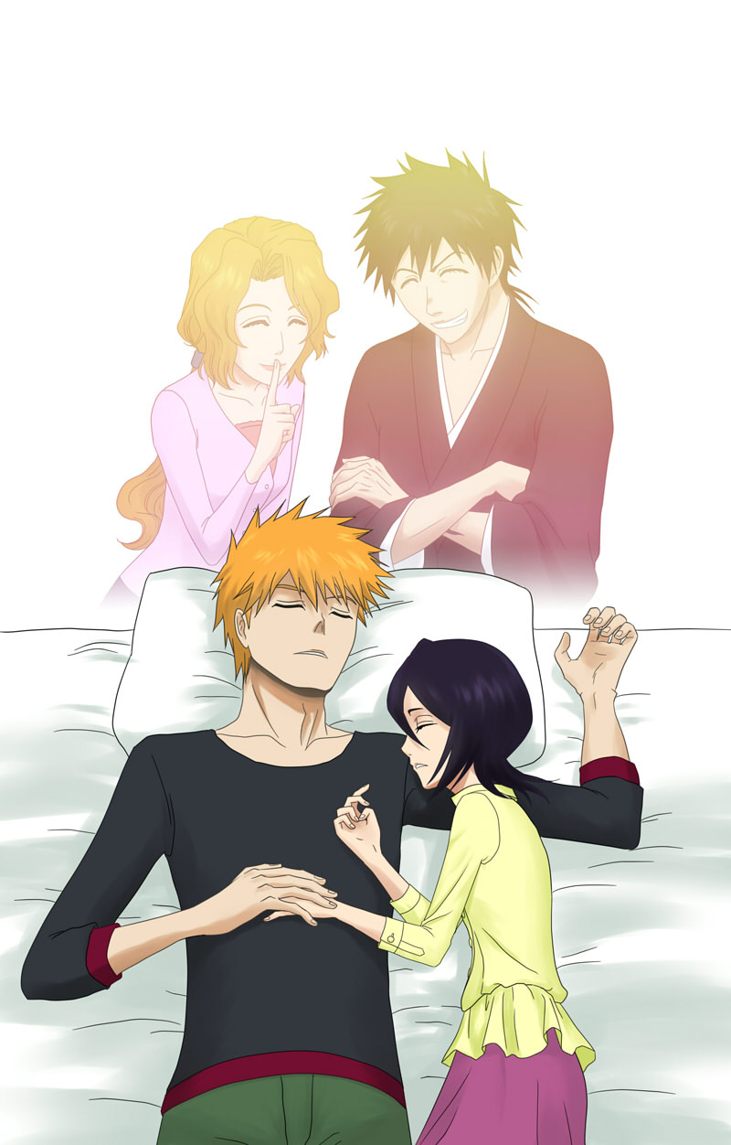 2boys 2girls bed black_hair bleach crossed_arms closed_eyes fading finger_to_mouth ghost grin happy highres japanese_clothes kuchiki_rukia kurosaki_ichigo kurosaki_masaki light_brown_hair long_hair multiple_boys multiple_girls on_bed orange_hair pillow ponytail shiba_kaien shizenstyle short_hair sleeping smile