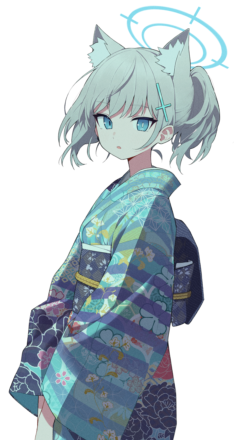 1girl alternate_costume animal_ears asa_no_ha_(pattern) billbung blue_archive blue_eyes blue_halo blue_kimono bright_pupils commentary cross extra_ears floral_print hair_ornament halo highres inverted_cross japanese_clothes kikkoumon kimono korean_commentary looking_at_viewer mismatched_pupils obi open_mouth peony_print ponytail print_kimono sash shippou_(pattern) shiroko_(blue_archive) simple_background solo white_background white_hair white_pupils wide_sleeves wolf_ears wolf_girl yukata