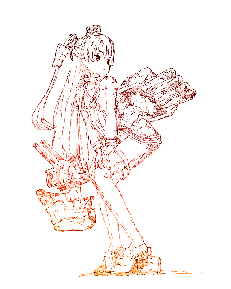 10s 1girl :&lt; amatsukaze_(kancolle) female_focus garter_straps gradient_filter gurin33 hair_tubes high_heels kantai_collection kneeling long_hair looking_back mecha_musume monochrome rensouhou-kun rudder_footwear ship_turret simple_background sketch smokestack_hair_ornament solo thighhighs torpedo_tubes twintails two_side_up very_long_hair white_background