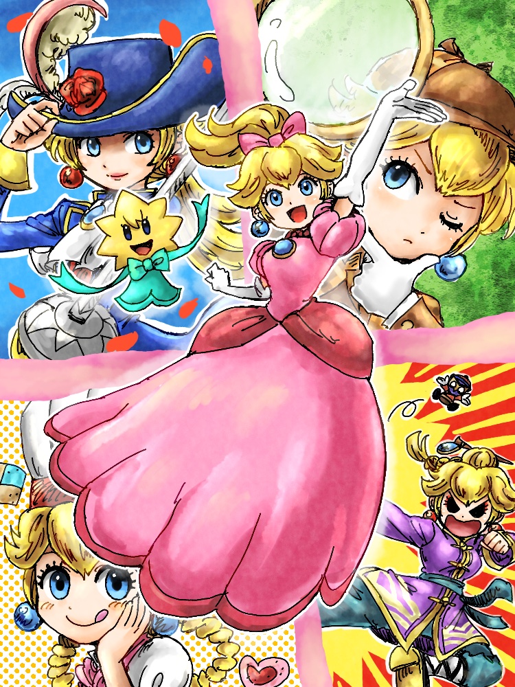 1girl angry blonde_hair blue_eyes bow breasts chef_hat detective detective_peach dress earrings gloves hat jewelry kicdon kicking kung_fu_peach long_sleeves magnifying_glass mario_(series) medium_breasts multi-tied_hair nintendo one_eye_closed pants patissiere_peach pink_bow princess_peach princess_peach:_showtime! short_sleeves sour_bunch stella_(peach) swordfighter_peach