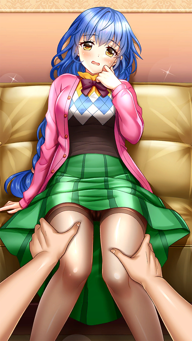1girl black_bow black_bowtie blue_hair bow bowtie braid braided_ponytail cameltoe cardigan clothes_lift doukyuusei_(series) doukyuusei_2 doukyuusei_another_world game_cg green_skirt grey_pantyhose indoors long_hair long_sleeves looking_at_viewer massage medium_skirt official_art open_cardigan open_clothes open_mouth pantyhose pink_cardigan single_braid sitting skirt skirt_lift solo_focus sparkle striped_clothes striped_skirt thighband_pantyhose vertical-striped_clothes vertical-striped_skirt very_long_hair wavy_mouth yasuda_azumi yellow_eyes