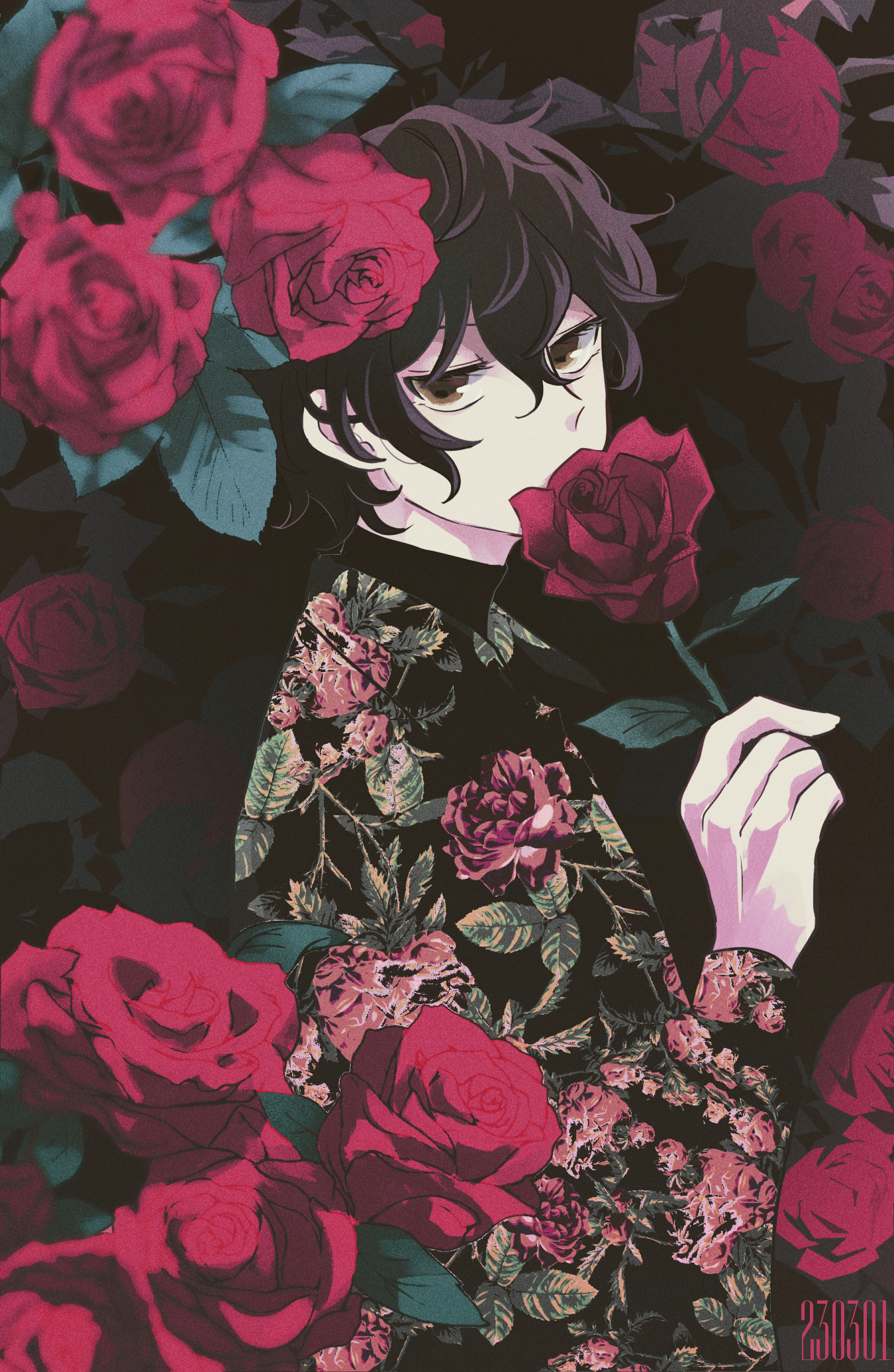 1boy black_hair blurry brown_eyes collared_shirt depth_of_field floral_print_shirt flower flower_over_mouth from_side hair_between_eyes highres holding holding_flower katsuragi_atori layered_shirt long_sleeves looking_at_viewer male_focus mizuki_hajime pale_skin red_flower red_rose rose rose_bush shirt short_hair solo sweater tennis_no_ouji-sama turtleneck turtleneck_sweater upper_body wavy_hair