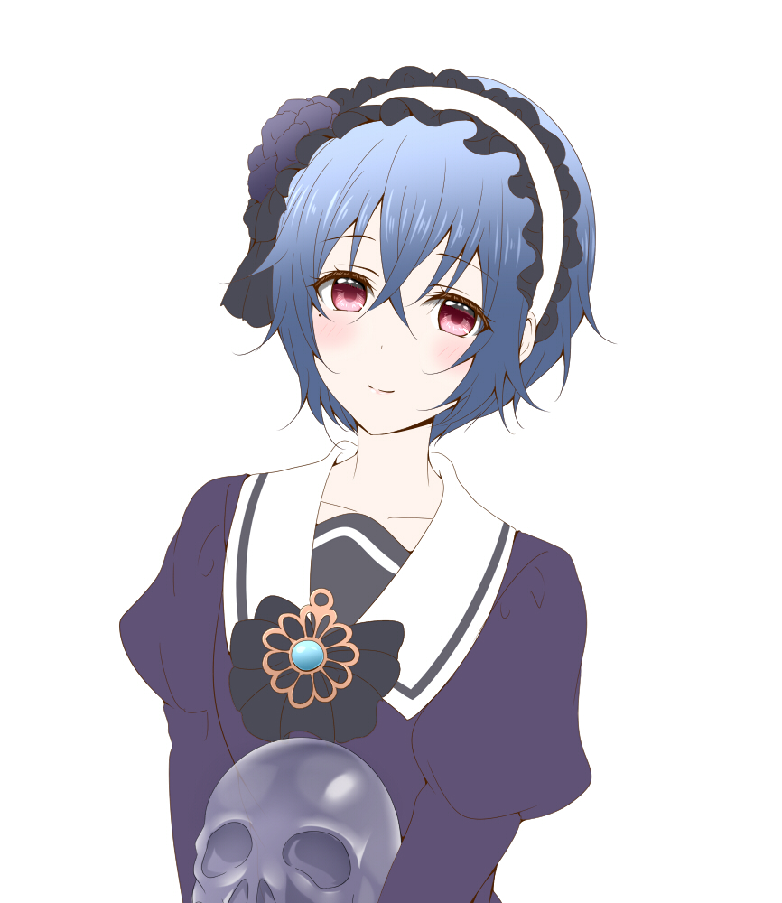 1girl blue_hair blush breasts looking_at_viewer princess_connect! red_eyes roaru_(gyuren) school_uniform shinobu_(princess_connect!) small_breasts