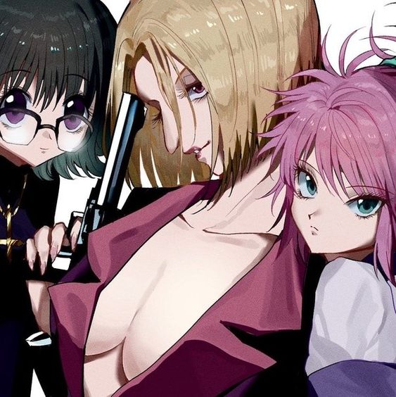 3girls aquiline_nose black_hair blonde_hair bowl_cut breasts cleavage collar collarbone glasses green_eyes gun hunter_x_hunter looking_at_viewer machi_komacine multiple_girls nose pakunoda pink_hair purple_eyes red_eyes shizuku_murasaki weapon