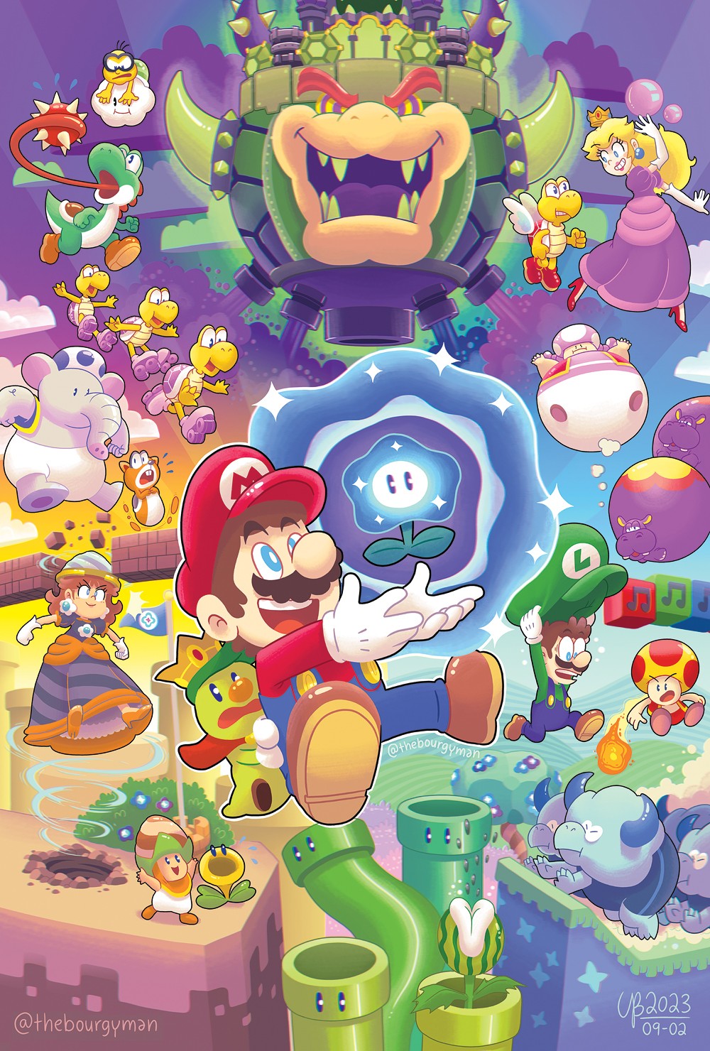 3girls 6+boys :d afterimage angry arm_up arms_up artist_name balloon_toadette bare_arms beamed_eighth_notes black_dress block_(mario) blonde_hair blue_eyes blue_flower blue_overalls blue_pants blue_sky blue_toad_(mario) bowser brick brown_footwear brown_hair bubble bubble_peach bulrush_(mario) bush castle_bowser clenched_teeth closed_mouth cloud commentary crown dated day dress drill drill_daisy earrings elbow_gloves elephant elephant_toad_(mario) english_commentary eyelashes facial_hair fire_toad_(mario) fireball flagpole flower flower_earrings flying_sweatdrops glasses gloves gradient_sky grass green_shirt grin hands_up hat high_heels highres hill holding holding_unworn_clothes holding_unworn_hat hoppo_(mario) horns inchworm_pipe jewelry koopa_paratroopa koopa_troopa lakitu lakitu&#039;s_cloud long_hair long_sleeves long_tongue looking_at_another luigi marimba_block mario mario_(series) medium_hair melon_piranha_plant motion_lines multiple_boys multiple_girls musical_note mustache nintendo on_cloud open_clothes open_mouth open_vest orange_shoes overalls pants poplin_(mario) prince_florian princess_daisy princess_peach puffy_short_sleeves puffy_sleeves purple_dress purple_flower purple_sky red_footwear red_shirt red_vest revision rolla_koopa roller_skates running seed sharp_teeth shirt shoes short_hair short_sleeves signature skates skedaddler sky smile smoke sparkle sphere_earrings spikes spiny_egg sunset super_mario_bros._wonder talking_flower_(mario) teeth thebourgyman toad_(mario) toadette tongue tongue_out tree twitter_username unworn_hat unworn_headwear upper_teeth_only v-shaped_eyebrows vest warp_pipe white_gloves white_wings wide-eyed wings wonder_flower yellow_toad_(mario) yoshi