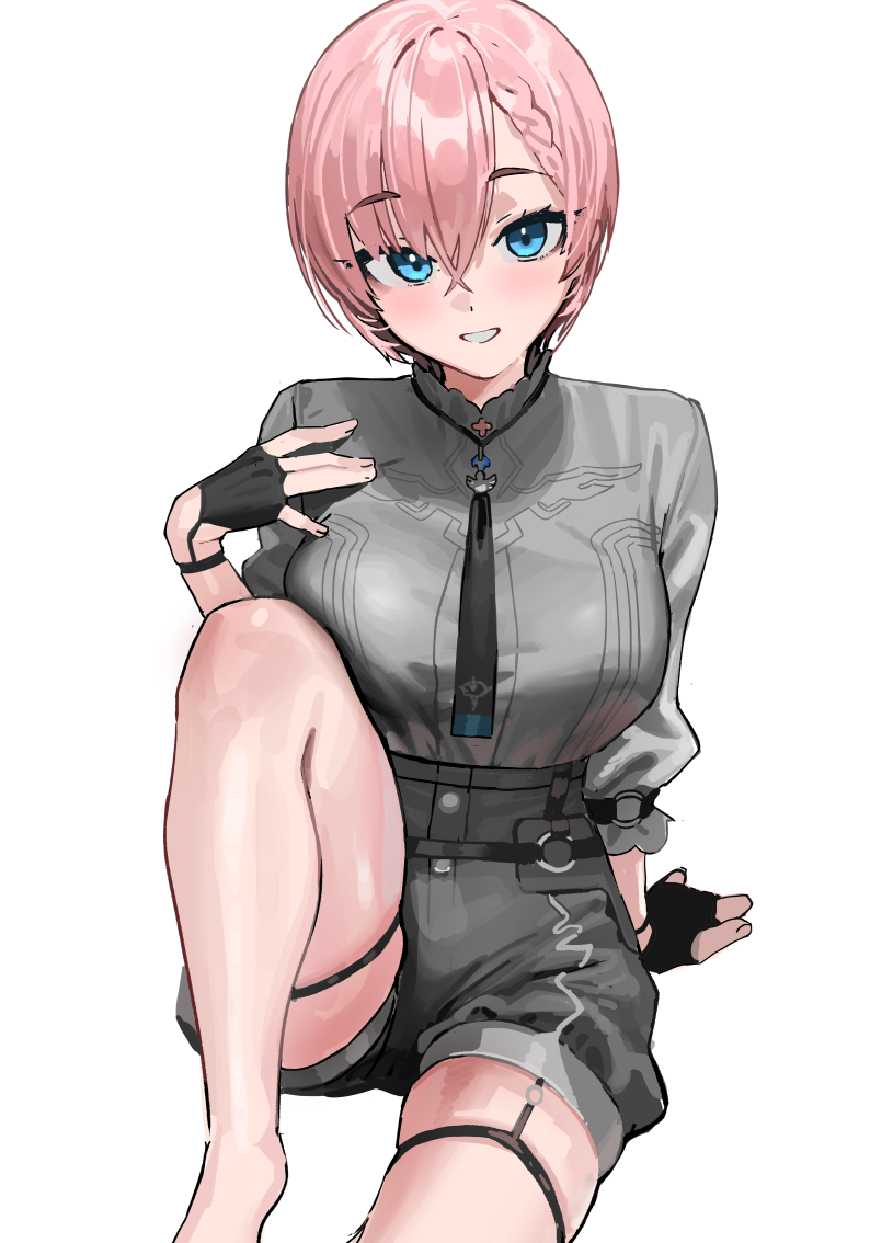 1girl belt black_gloves black_necktie blue_eyes braid braided_bangs breasts commentary fingerless_gloves garter_straps gloves grey_shirt grey_shorts grin hair_between_eyes high-waist_shorts hololive kanzarin knee_up large_breasts long_sleeves looking_at_viewer necktie o-ring o-ring_belt pink_hair shirt short_hair shorts simple_background sitting smile solo takane_lui takane_lui_(4th_costume) thigh_strap thighs virtual_youtuber white_background