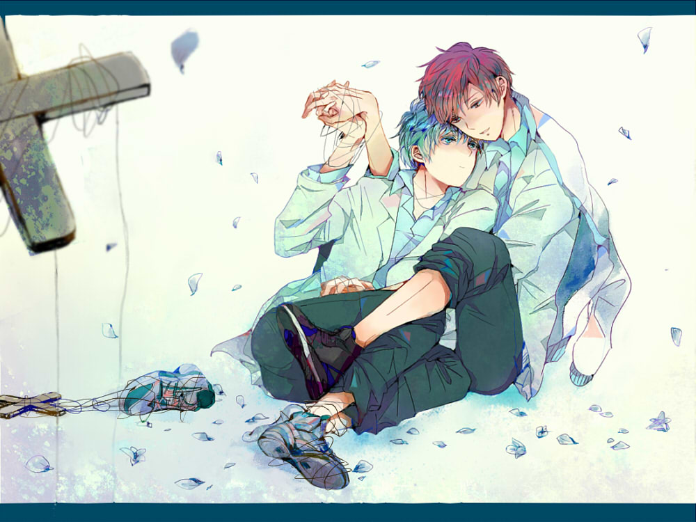 2boys akashi_seijuurou black_pants black_shoes blazer blue_border blue_eyes blue_hair blue_shirt border chin_rest closed_mouth collared_jacket collared_shirt cross full_body hair_between_eyes head_on_head head_rest holding_hands interlocked_fingers jacket jacket_on_shoulders kakocacoo kuroko_no_basuke kuroko_tetsuya lapels legs_together letterboxed male_focus messy_hair multiple_boys notched_lapels open_clothes open_jacket pants parted_lips petals red_eyes red_hair shirt shoe_loss shoes short_hair sitting smile sneakers string string_around_neck string_of_fate track_jacket white_jacket white_shoes yaoi