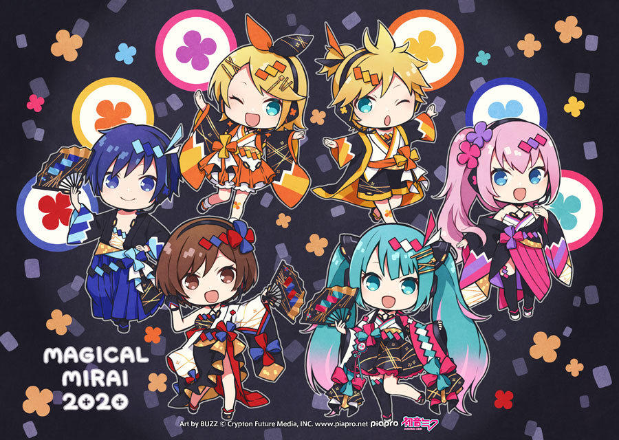 2boys 4girls :d ;d ;o aqua_bow aqua_bowtie aqua_eyes aqua_hair artist_name black_shoes black_shorts blonde_hair blue_eyes blue_hair blue_skirt bow bowtie brown_eyes brown_hair buzz_(moi) chibi chibi_only closed_mouth commentary_request copyright_name copyright_notice gradient_hair hair_ornament hairclip hand_fan hatsune_miku holding holding_fan japanese_clothes kagamine_len kagamine_rin kaito_(vocaloid) kimono logo magical_mirai_(vocaloid) magical_mirai_kaito magical_mirai_kaito_(2020_summer) magical_mirai_len magical_mirai_len_(2020_summer) magical_mirai_luka magical_mirai_luka_(2020_summer) magical_mirai_meiko magical_mirai_meiko_(2020_summer) magical_mirai_miku magical_mirai_miku_(2020_summer) magical_mirai_rin magical_mirai_rin_(2020_summer) megurine_luka meiko_(vocaloid) multicolored_hair multiple_boys multiple_girls official_art one_eye_closed open_mouth orange_skirt pink_bow pink_bowtie pink_hair second-party_source shoes shorts single_wide_sleeve skirt smile vocaloid wide_sleeves yukata