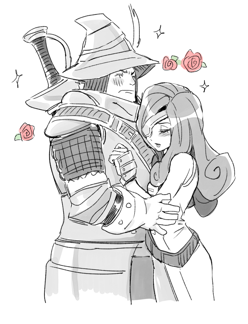1boy 1girl adelbert_steiner armor beatrix_(ff9) belt blush closed_eyes couple curly_hair dede_(qwea_00000) eyepatch final_fantasy final_fantasy_ix flower gloves holding hug korean_commentary long_hair loose_belt rose sparkle sword weapon