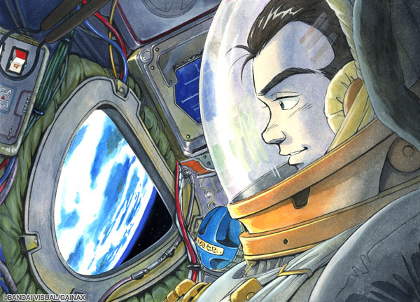 1boy black_hair gainaxtop honneamise_no_tsubasa indoors male_focus planet shirotsugh_lhadatt solo space spacesuit upper_body window