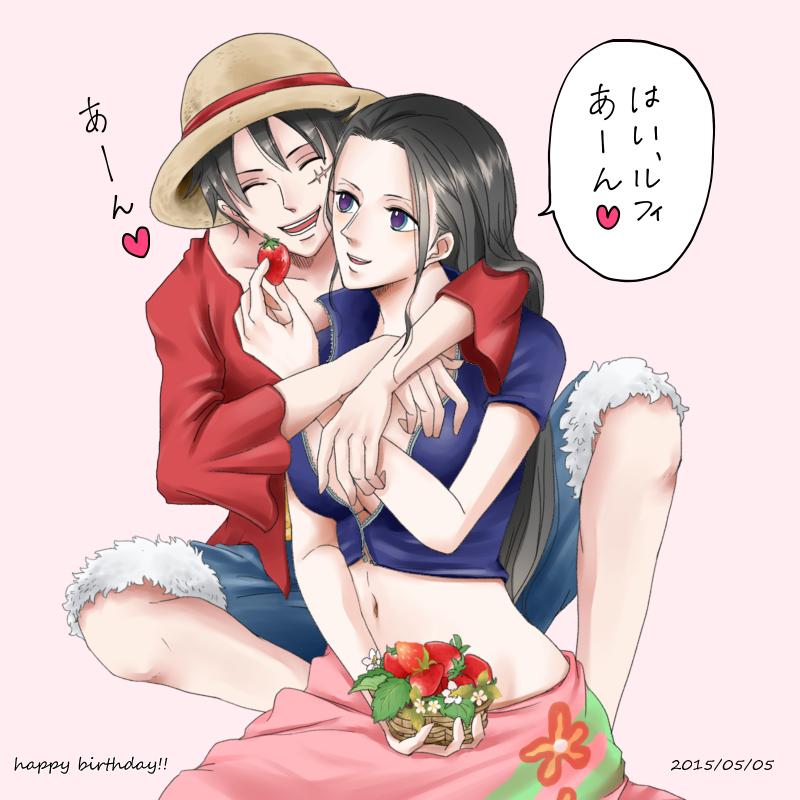 1boy 1girl 2015 ^_^ black_hair blue_eyes blue_jacket closed_eyes commentary_request cropped_jacket dated facial_scar food fruit happy_birthday holding holding_food hug hug_from_behind jacket long_hair monkey_d._luffy nico_robin nico_robin_(return_to_sabaody) one_piece pink_background scar scar_on_cheek scar_on_face short-sleeved_jacket short_hair short_sleeves speech_bubble strawberry translation_request yuri_kohi