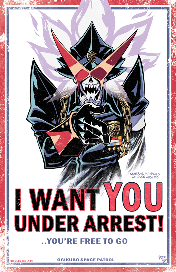 1boy armband artist_name chain english_text fangs glasses gloves hat i_want_you male_focus medal mike_luckas military military_hat military_uniform over_justice parody pointing pointing_at_viewer poster_(medium) poster_(object) propaganda skull solo sunglasses triangular_eyewear trigger_(company) uchuu_patrol_luluco watermark web_address white_background