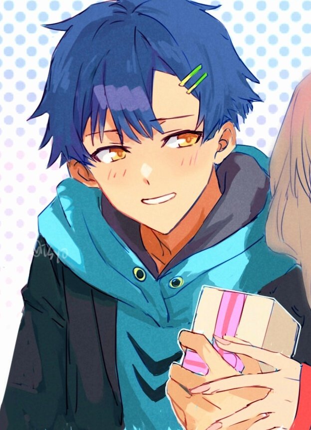 1boy 1girl asanaka_yomogi blue_hair blush box brown_hair couple gift gift_box gridman_universe hair_ornament hairclip happy_birthday hetero holding holding_gift hood hoodie jacket long_hair minami_yume risyo school_uniform shirt short_hair smile ssss.dynazenon yellow_eyes