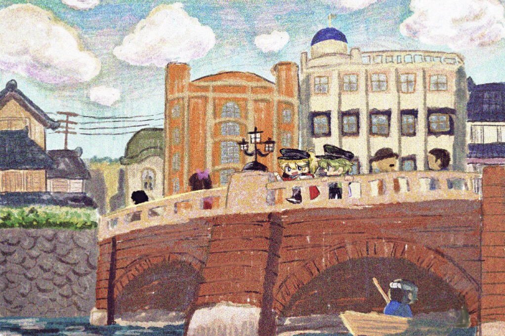 3boys architecture black_hat black_necktie black_pants blonde_hair blue_eyes blue_kimono blue_shirt blue_sky boat bow bridge brown_hair cape character_request chibi cloud commentary_request day east_asian_architecture from_behind full_body grass green_hair hachimaki hand_on_railing hand_up hat headband hishida_shunsou holding holding_oar japanese_clothes kimono long_hair long_sleeves looking_at_another male_focus meiji_tokyo_renka multiple_boys necktie oar open_mouth outdoors pants peaked_cap people ponytail power_lines purple_bow red_cape river rowboat rowing shirt shoes short_hair sky smile sugi_haeru talking town two-sided_cape two-sided_fabric watercraft white_footwear white_headband white_shirt white_sleeves