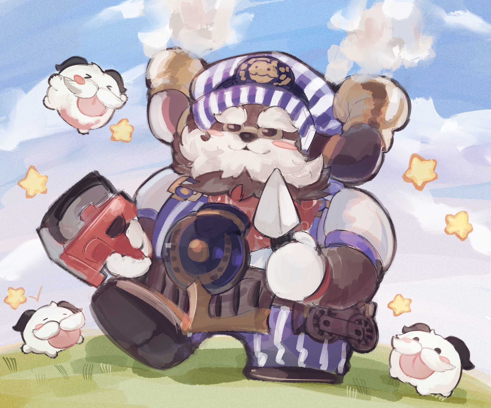 1boy alternate_costume beard cloud day facial_hair highres holding league_of_legends male_focus nakiyande ornn outdoors pants poro_(league_of_legends) short_sleeves smile standing striped_clothes striped_headwear striped_pants tongue tongue_out