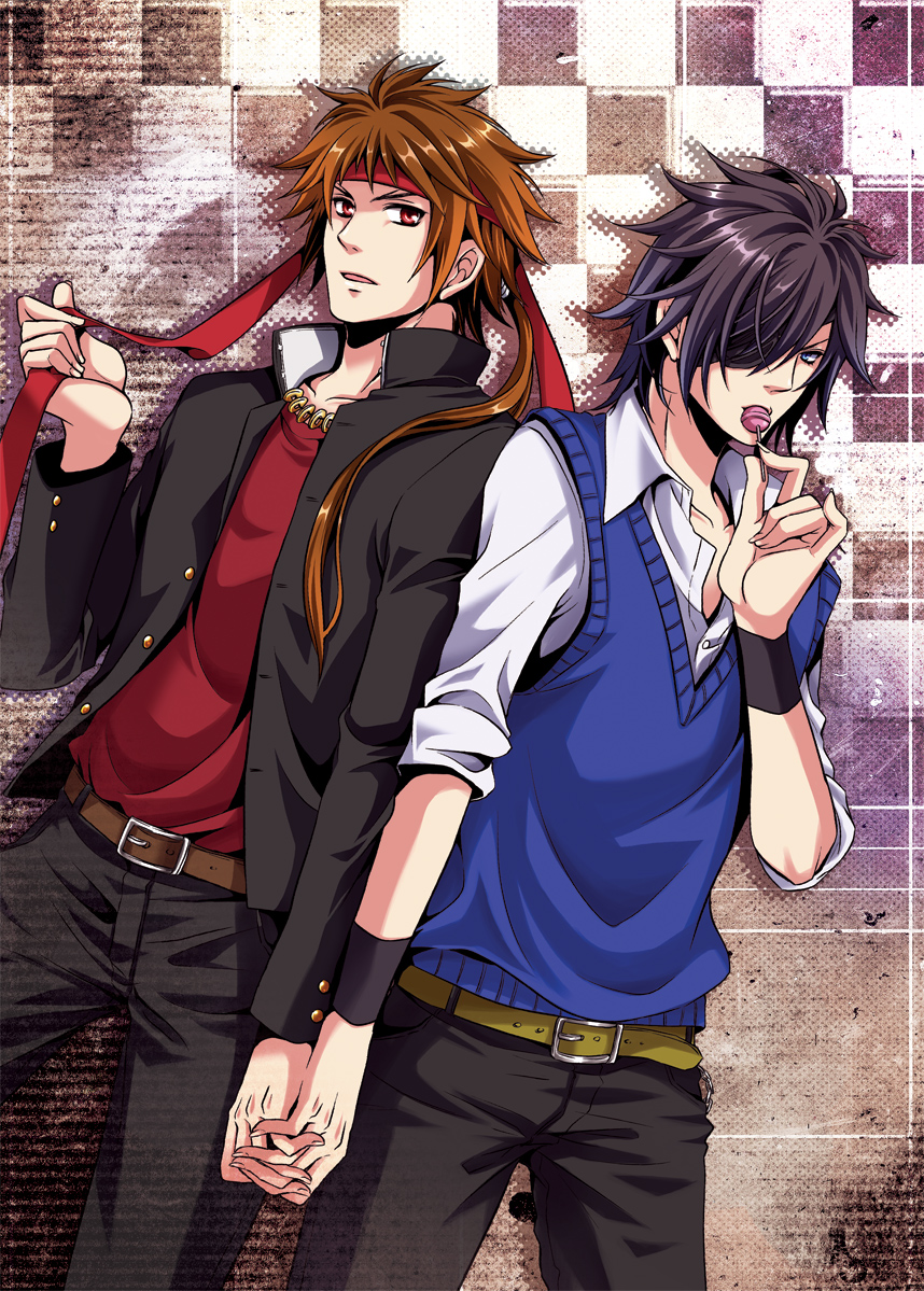 2boys alternate_costume belt black_pants blue_eyes blue_sweater_vest brown_hair candy collared_shirt date_masamune_(sengoku_basara) food gakuen_basara gakuran holding holding_candy holding_food holding_hands holding_lollipop jewelry lollipop male_focus multiple_boys necklace pants red_eyes red_shirt sanada_yukimura_(sengoku_basara) school_uniform sengoku_basara shirt sweater_vest warabi_(waradoko) white_shirt yaoi