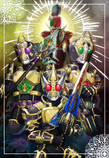 4boys armor gold_armor holding holding_sword holding_weapon kamen_rider kamen_rider_blade kamen_rider_blade_(series) kamen_rider_chalice kamen_rider_garren kamen_rider_leangle male_focus moi multiple_boys staff sword weapon