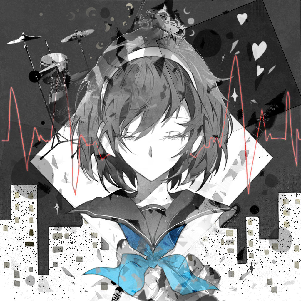 1girl black_background blue_neckerchief cardiogram chinese_commentary city closed_eyes commentary_request cropped_shoulders cymbals dinned dot_nose drum eyelashes floating_neckwear greyscale headphones heart instrument monochrome neckerchief no_mouth sailor_collar sailor_shirt shirt short_hair solo spot_color straight-on vocaloid wowaka