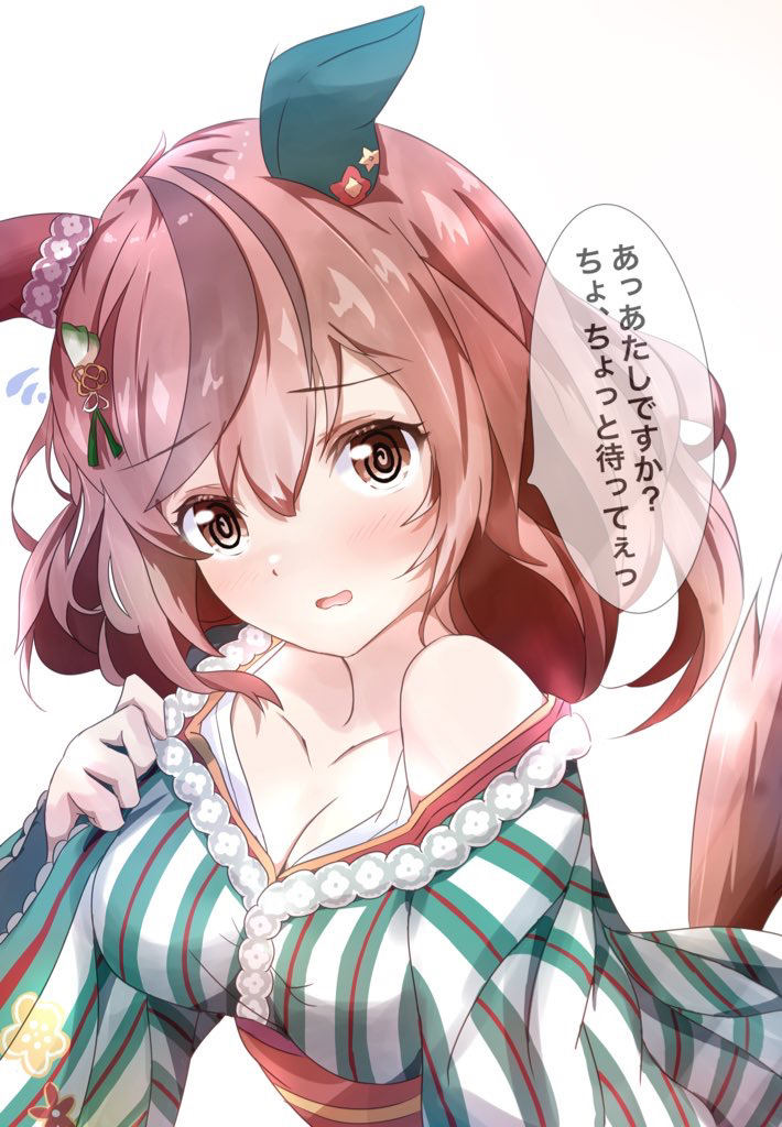 1girl @_@ animal_ears bare_shoulders blush breasts brown_eyes brown_hair cleavage collarbone ear_covers hair_down horse_ears horse_girl japanese_clothes long_sleeves looking_at_viewer medium_breasts multicolored_hair nice_nature_(converging_wishes)_(umamusume) nice_nature_(umamusume) official_alternate_costume official_alternate_hairstyle open_mouth solo streaked_hair sugi_(user_nash8444) umamusume