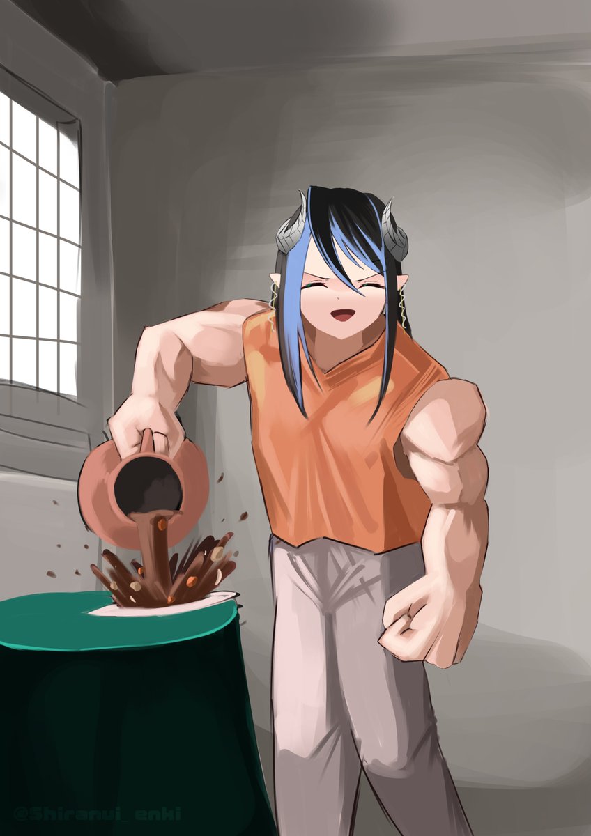 1girl nanashi_inc. black_hair blue_hair clenched_hands closed_eyes commentary_request cosplay curled_horns curry demon_girl demon_horns feet_out_of_frame food grey_horns grey_pants hair_between_eyes hebiyoi_tier highres horns indoors kick_back_(song) long_hair multicolored_hair muscular muscular_female open_mouth orange_tank_top pants pointy_ears pouring real_life shiranui_enki sidelocks solo storage_pot sugar_lyric table tank_top the_milkmaid two-tone_hair virtual_youtuber window yonezu_kenshi_(person) yonezu_kenshi_(person)_(cosplay)