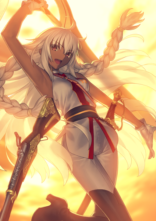1girl :d ahoge arm_above_head armpits bare_arms belt_buckle black_boots black_sash boots braid breasts buckle cowboy_shot dark-skinned_female dark_skin fate/grand_order fate_(series) floating_hair game_cg gloves gun hair_between_eyes hair_tie halterneck high_collar high_heel_boots high_heels holding holding_sword holding_weapon jacket lakshmibai_(fate) lakshmibai_(first_ascension)_(fate) leg_up long_hair looking_at_viewer medium_breasts military_jacket official_art open_mouth orange_background pants red_eyes rifle sash sheath sheathed shoulder_belt sidelocks sleeveless sleeveless_jacket smile solo sword takeuchi_takashi teeth thigh_boots third-party_source twin_braids upper_teeth_only very_long_hair weapon weapon_request white_gloves white_hair white_jacket white_pants