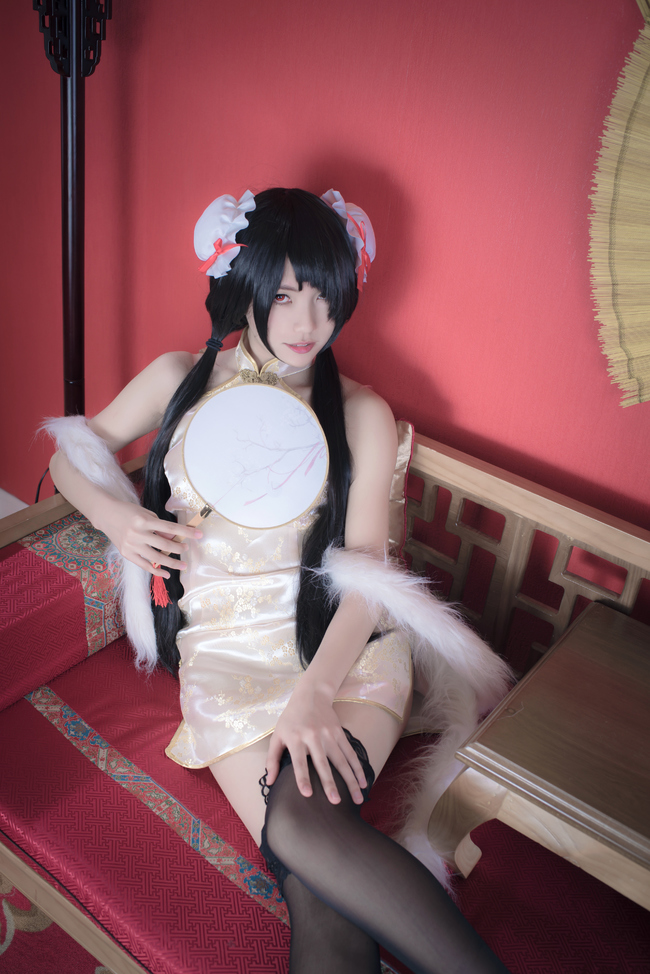 1girl artist_request asian bare_shoulders black_hair black_thighhighs bun_cover china_dress chinese_clothes color_contacts cosplay date_a_live double_bun dress feather_boa female_focus hair_bun hair_over_one_eye hand_fan high_heels indoors lace lace-trimmed_legwear lace_trim long_hair looking_at_viewer makeup mascara parted_lips photo_(medium) red_eyes short_china_dress sitting sleeveless sleeveless_dress solo thighhighs tokisaki_kurumi tokisaki_kurumi_(cosplay) twintails zettai_ryouiki