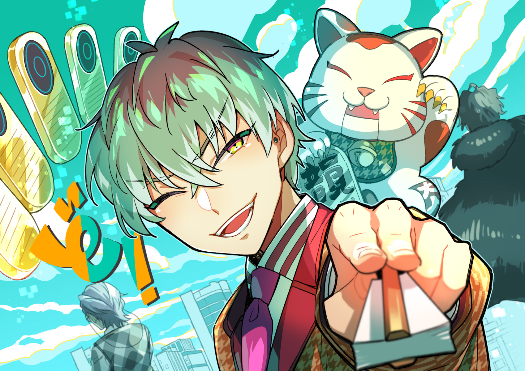 3boys :d amayado_rei aqua_hair argyle_clothes argyle_sweater_vest black_coat black_hair blue_outline blue_sky blurry cloud cloudy_sky coat coin collared_shirt contrast_collar crossed_bangs depth_of_field dog_bow_wow dotsuitare_hompo ear_piercing earrings eyewear_strap folded_fan folding_fan fur_coat gold hair_between_eyes hand_fan highres holding holding_fan houndstooth hypnosis_mic jacket jewelry koban_(gold) light_blush long_sleeves looking_at_viewer male_focus maneki-neko multicolored_hair multiple_boys necktie nurude_sasara one_eye_closed open_mouth orange_suit outline outstretched_arm piercing pink_necktie pointing pointing_at_viewer portrait shirt short_hair sky skyline smile solo_focus stud_earrings suit_jacket sweater_vest teeth tsutsujimori_rosho unusually_open_eyes v-shaped_eyebrows white_shirt wind wind_lift wispy_bangs yellow_eyes
