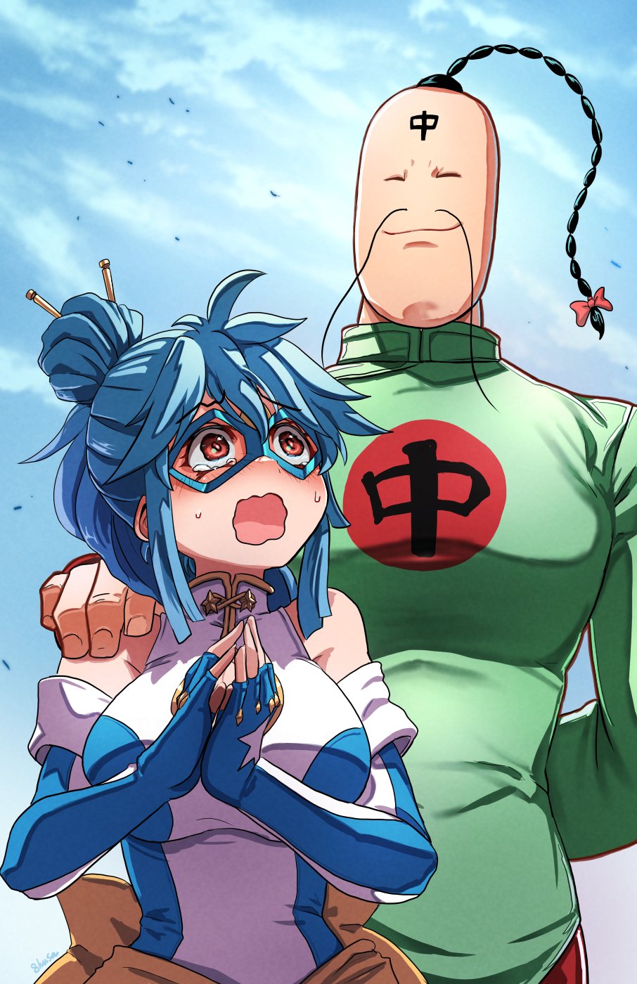 1boy 1girl arm_behind_back bare_shoulders black_hair blue_gloves blue_hair braid breasts brown_eyes chinese_clothes cleavage cleavage_cutout closed_eyes clothing_cutout crossover crying crying_with_eyes_open domino_mask fingerless_gloves fujioka_yatsufusa gloves hair_ornament hair_stick highres holding kamen_america_(comic) kamen_ramen kinnikuman large_breasts leotard long_hair mask name_connection open_mouth pants ramenman red_pants solo superhero_costume tears