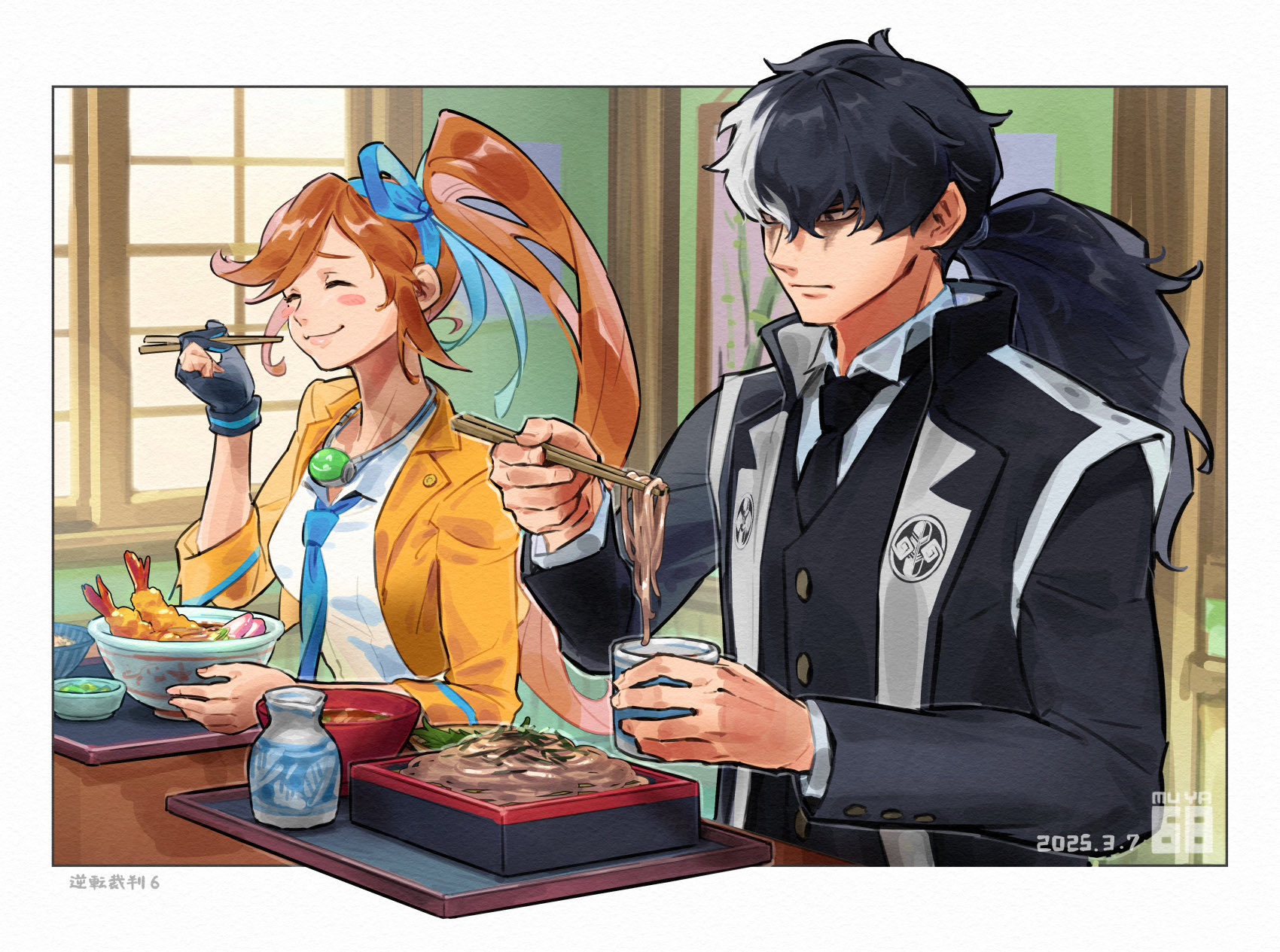 1boy 1girl ace_attorney athena_cykes black_coat black_eyes black_gloves black_hair black_necktie blue_necktie blush_stickers border bowl buttons chopsticks closed_eyes closed_mouth coat collared_shirt commentary dated eating facial_mark fingerless_gloves food gloves highres holding holding_chopsticks indoors jacket lips long_hair long_sleeves multicolored_hair necktie noodles open_clothes open_jacket orange_hair partially_fingerless_gloves phoenix_wright:_ace_attorney_-_dual_destinies ponytail shirt shrimp shrimp_tempura side_ponytail signature simon_blackquill single_fingerless_glove skyloop19 smile table tempura two-tone_hair white_border white_hair white_shirt yellow_jacket