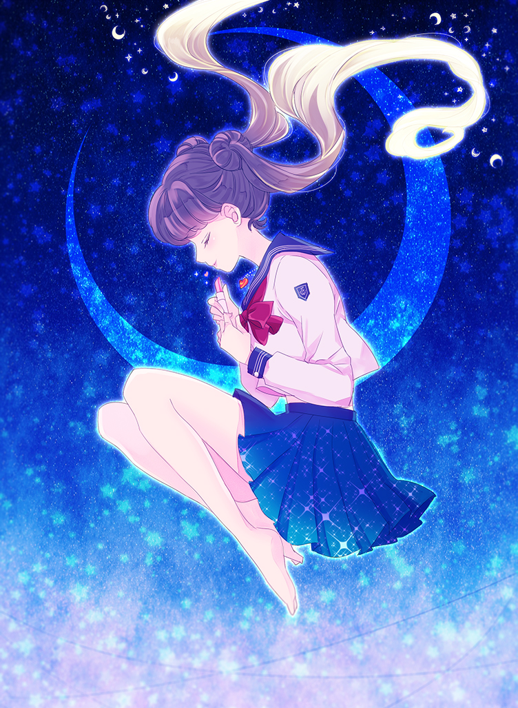 1girl alternate_hair_color bad_id bad_pixiv_id bare_legs barefoot bishoujo_senshi_sailor_moon black_hair blouse blue_background blue_sailor_collar blue_skirt bow closed_eyes cosmetics crescent crescent_moon double_bun eyelashes female_focus fetal_position from_side full_body gradient_hair hair_bun heart heart_necklace inner_senshi jewelry lipstick lipstick_tube long_hair long_sleeves makeup miniskirt moon multicolored_hair necklace pendant pink_lips plantar_flexion pleated_skirt pretty_guardian_sailor_moon profile red_bow sailor_collar sailor_moon sailor_senshi saki_(hxaxcxk) school_uniform serafuku shirt skirt smile solo sparkle star_(symbol) transformation tsukino_usagi twintails white_shirt