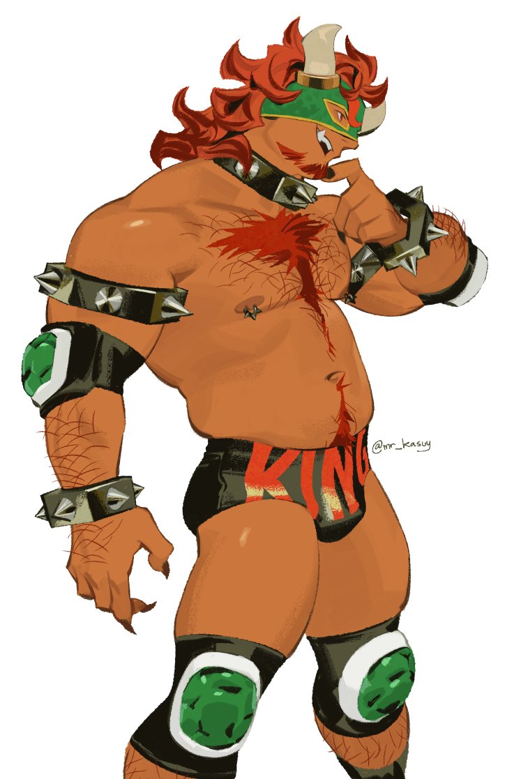 1boy arm_hair arm_up armlet bara black_collar bowser bowser_(cosplay) bracelet bulge chest_hair claws collar commentary cosplay elbow_pads english_commentary english_text facial_hair feet_out_of_frame finger_to_own_chin hairy horns jewelry knee_pads leg_hair long_hair looking_ahead male_focus mario_(series) mr_kasuy navel nintendo nipple_piercing open_mouth piercing profile red_hair simple_background solo spiked_armlet spiked_bracelet spiked_collar spikes teeth twitter_username white_background wrestling_mask wrestling_outfit