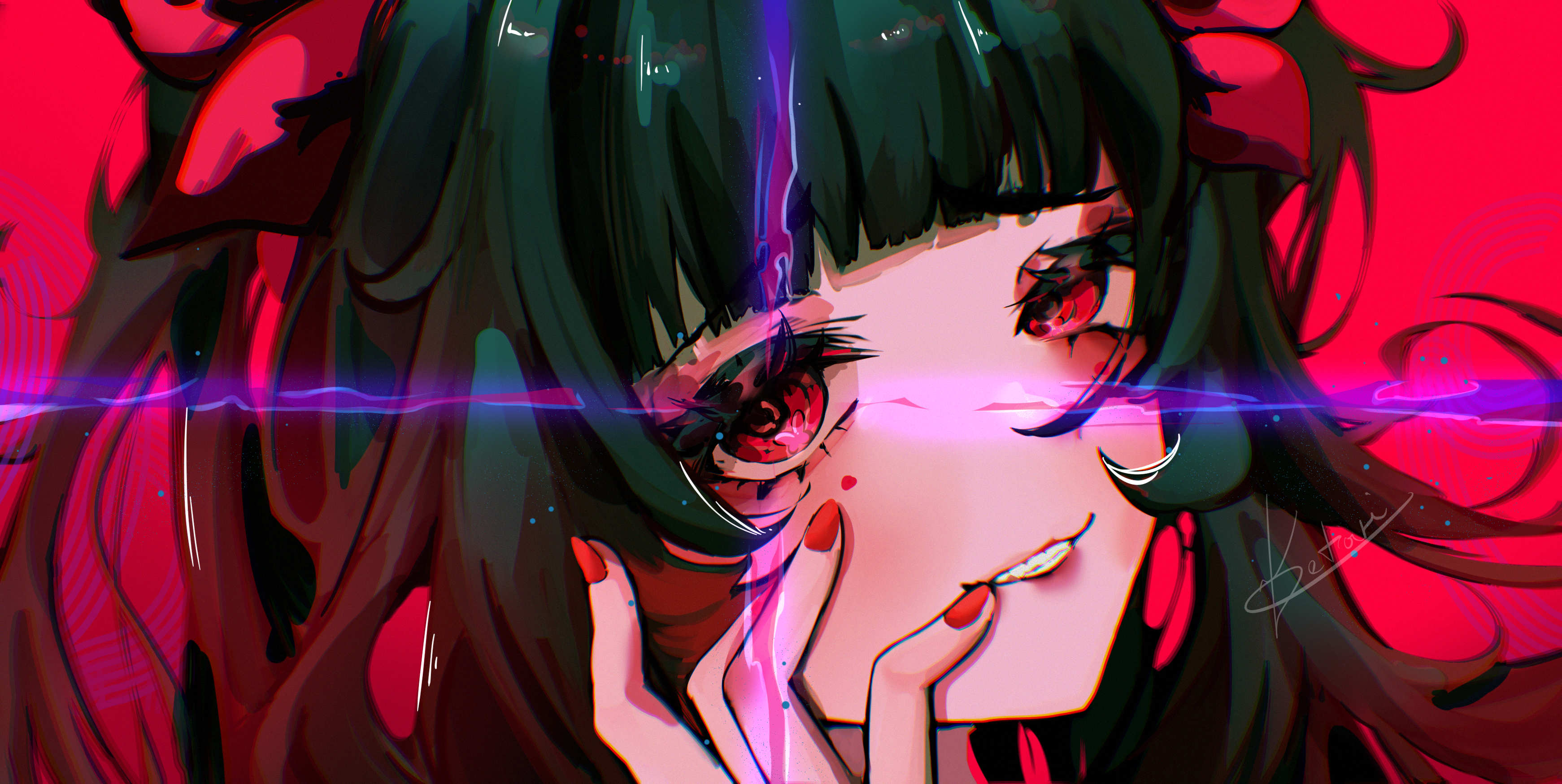 1girl :d absurdres blush brown_hair butterfly-shaped_pupils close-up eyelashes facial_mark finger_to_mouth gradient_hair grin hands_on_own_face highres honkai:_star_rail honkai_(series) ketari long_hair looking_at_viewer makeup mark_under_both_eyes multicolored_hair open_mouth parted_lips red_background red_eyes red_nails simple_background smile solo sparkle_(honkai:_star_rail) symbol-shaped_pupils teeth