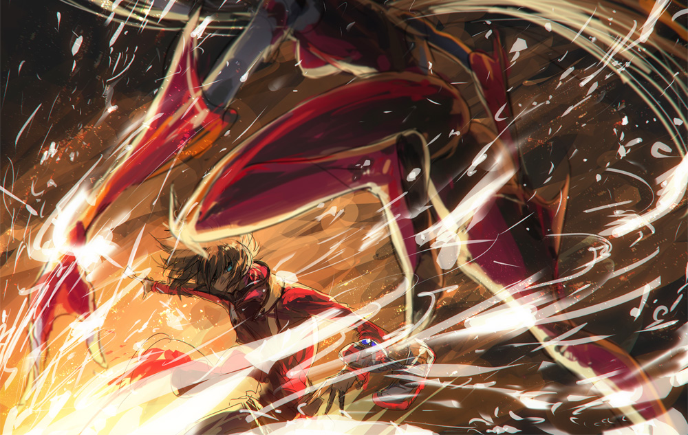 1boy 1other abstract_background ass black_pants black_shirt brown_background card duel_disk duel_monster elemental_hero_burstinatrix facing_away facing_viewer fighting fighting_stance green_eyes hair_over_one_eye holding holding_card jacket looking_at_another moribuden one-piece_swimsuit open_clothes open_jacket pants red_jacket red_pants red_shirt shirt sparkle sparks swimsuit yu-gi-oh! yu-gi-oh!_gx yuki_judai